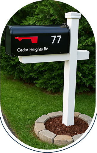 Black mailbox with white post and greenery.