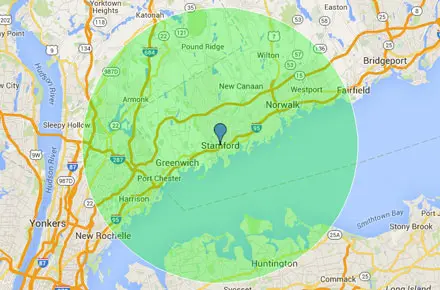 Map showing a circular coverage area around a central point near New Haven, Connecticut.