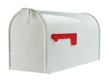 White mailbox with a red flag.