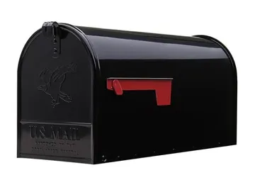 Black mailbox with red flag raised.