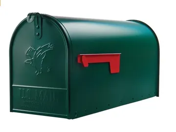 Green mailbox with red flag up.